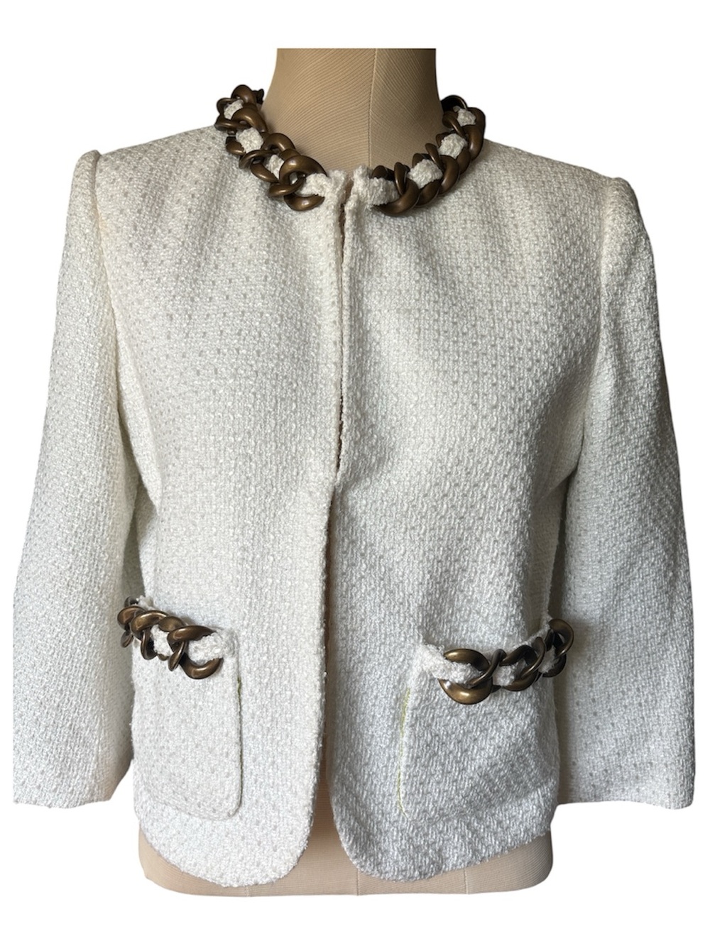 Cream Textured Chain-Trim Blazer